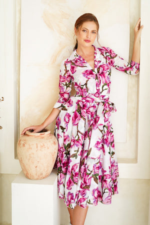Aster Dress Shirt Collar 3/4 Sleeve Midi Length Cotton Musola (Magnolia Blossom)