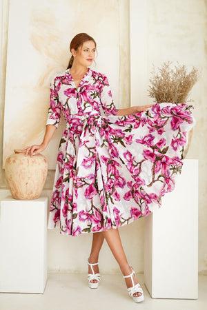 Aster Dress Shirt Collar 3/4 Sleeve Midi Length Cotton Musola (Magnolia Blossom)