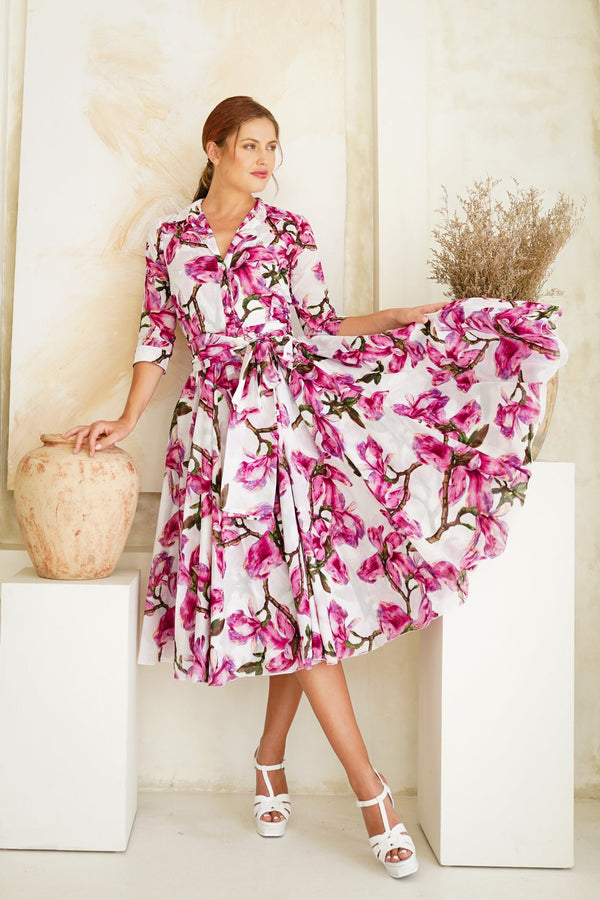 Aster Dress Shirt Collar 3/4 Sleeve Midi Length Cotton Musola (Magnolia Blossom)