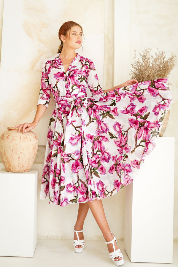 Aster Dress Shirt Collar 3/4 Sleeve Midi Length Cotton Musola (Magnolia Blossom)