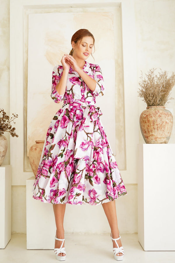 Aster Dress Shirt Collar 3/4 Sleeve Midi Length Cotton Musola (Magnolia Blossom)