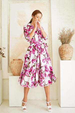 Aster Dress Shirt Collar 3/4 Sleeve Midi Length Cotton Musola (Magnolia Blossom)