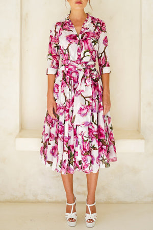 Aster Dress Shirt Collar 3/4 Sleeve Midi Length Cotton Musola (Magnolia Blossom)