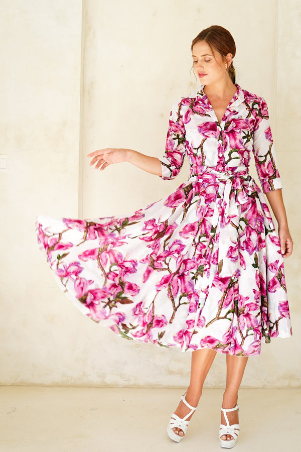 Aster Dress Shirt Collar 3/4 Sleeve Midi Length Cotton Musola (Magnolia Blossom)