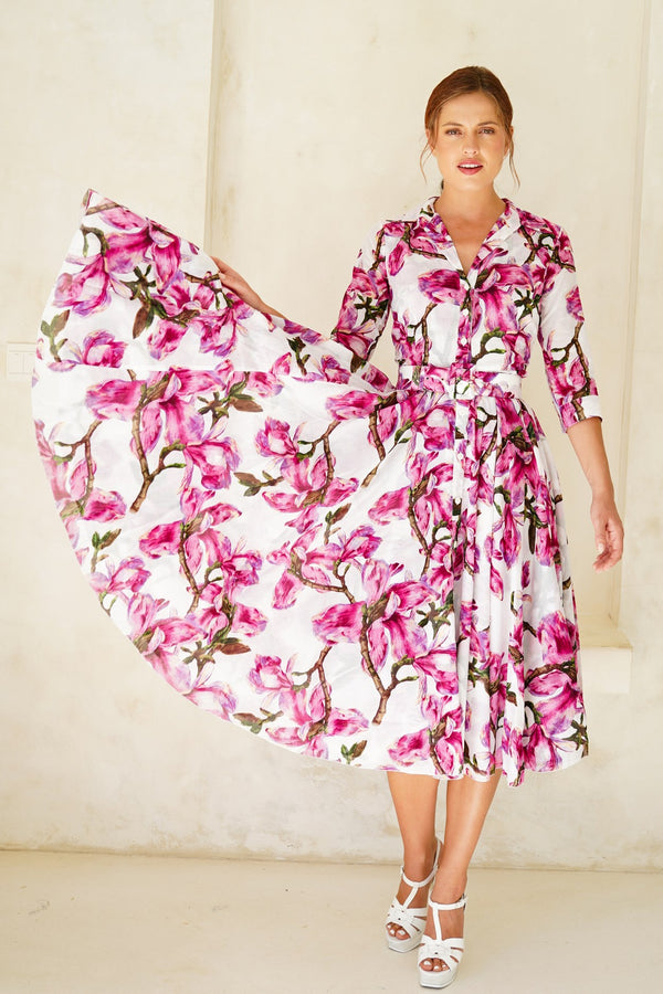 Aster Dress Shirt Collar 3/4 Sleeve Midi Length Cotton Musola (Magnolia Blossom)