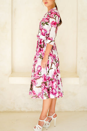 Aster Dress Shirt Collar 3/4 Sleeve Midi Length Cotton Musola (Magnolia Blossom)