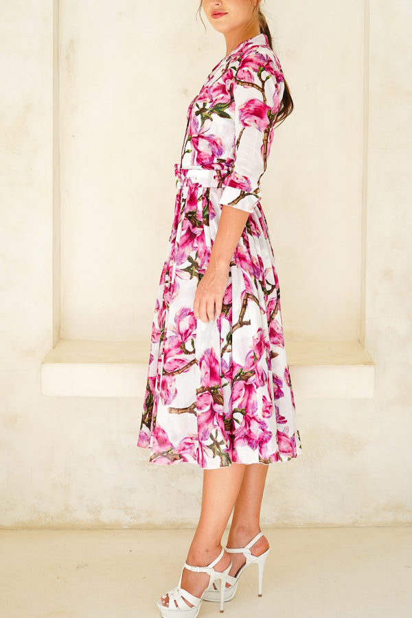 Aster Dress Shirt Collar 3/4 Sleeve Midi Length Cotton Musola (Magnolia Blossom)