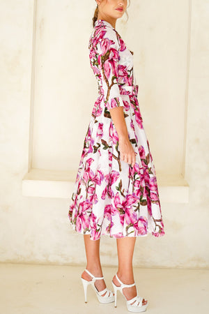 Aster Dress Shirt Collar 3/4 Sleeve Midi Length Cotton Musola (Magnolia Blossom)