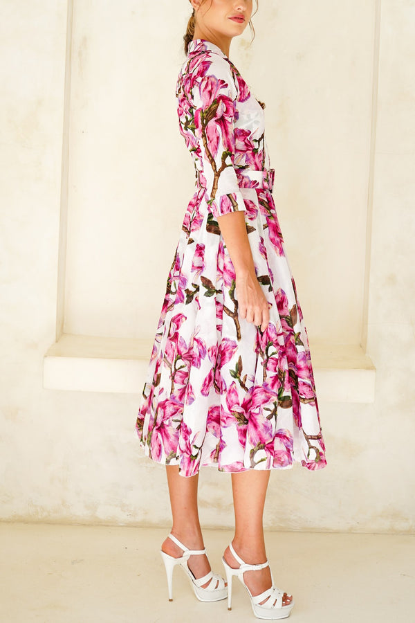 Aster Dress Shirt Collar 3/4 Sleeve Midi Length Cotton Musola (Magnolia Blossom)