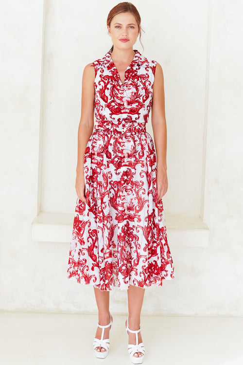 Aster Dress Shirt Collar Sleeveless Midi Length Cotton Musola (Cherub Tile)