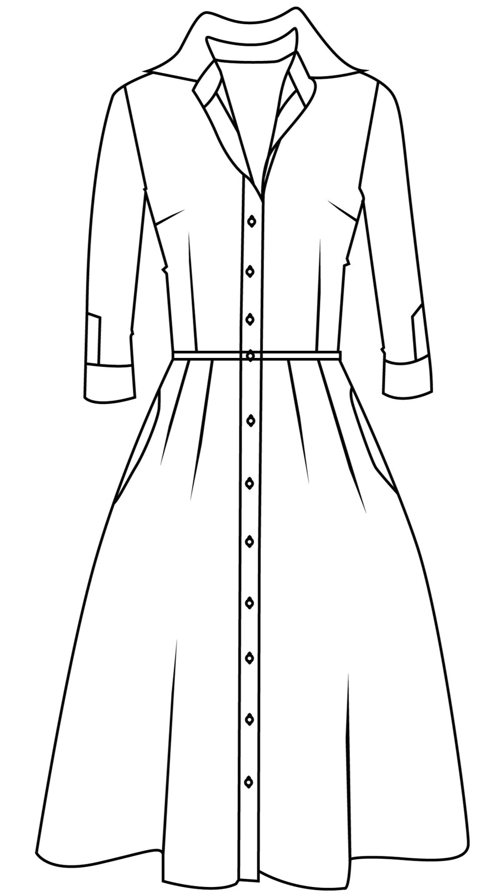 Audrey Dress #1 Shirt Collar 3/4 Sleeve Long Length Cotton Stretch (Caribbean Tile)