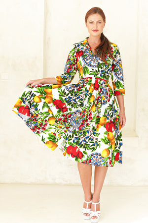 Audrey Dress #2 Shirt Collar 3/4 Sleeve Long Length Cotton Stretch (Tuscan Olive Lemon Big)