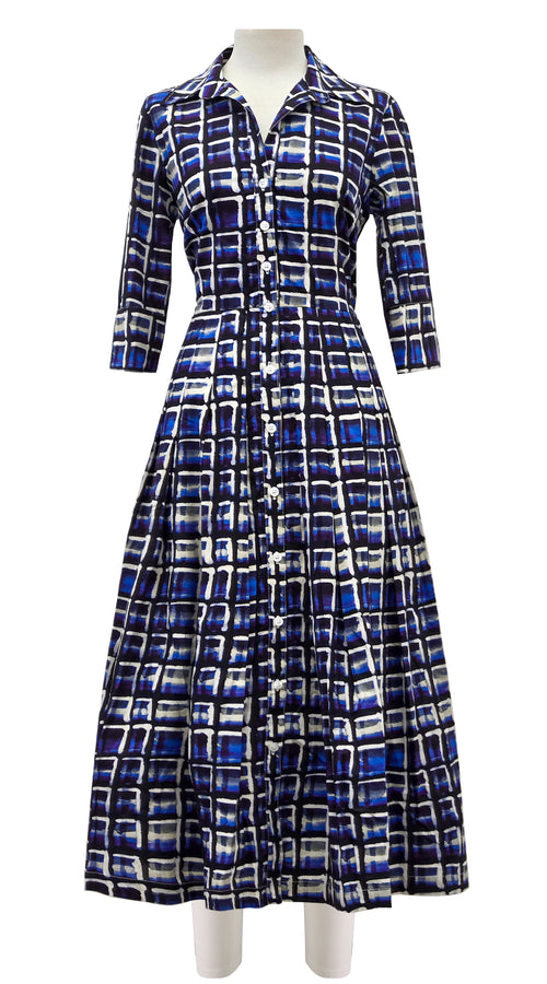 Audrey Dress #2 Shirt Collar 3/4 Sleeve Midi Length Poplin Stretch (Watercolor Check)