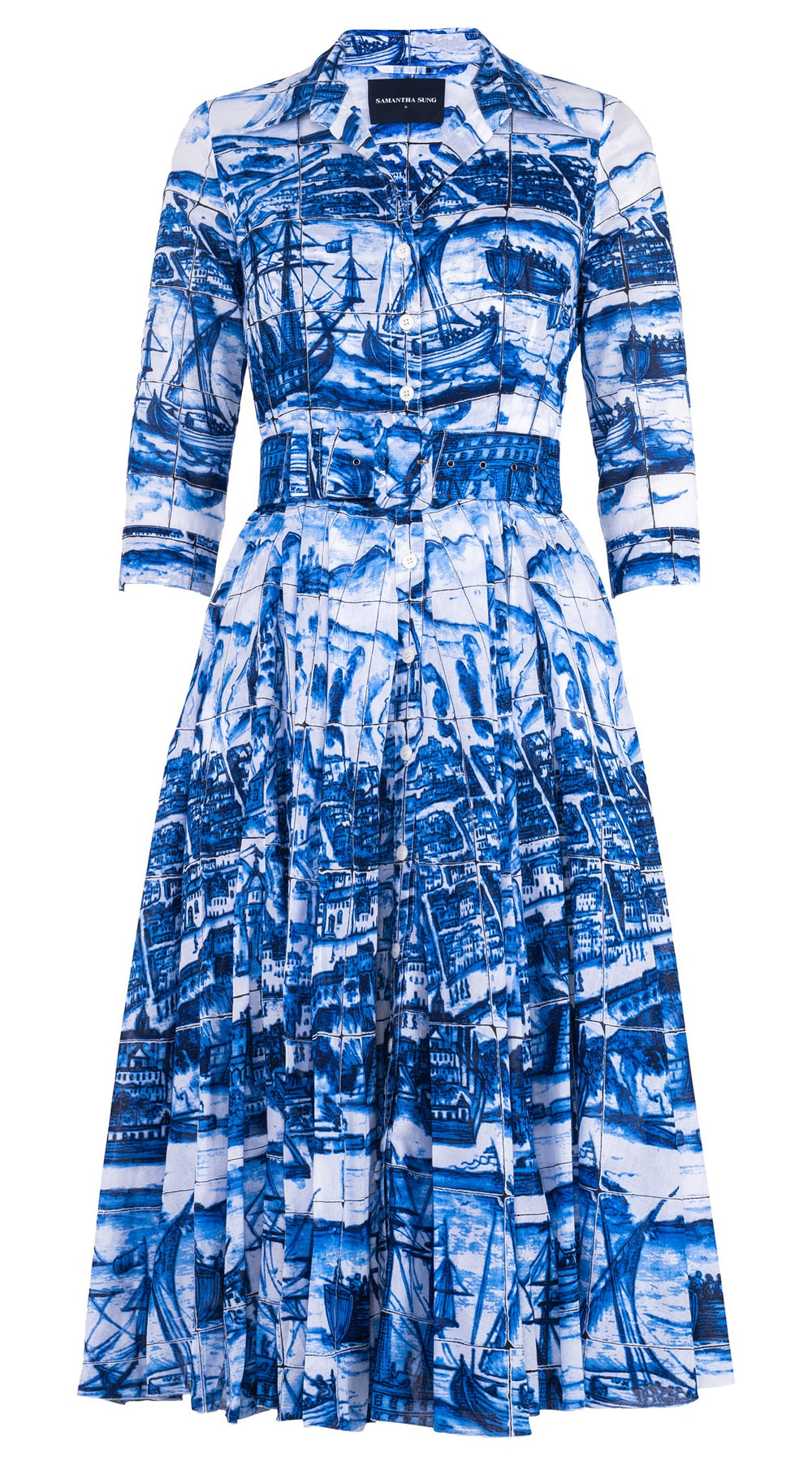 Aster Dress Shirt Collar 3/4 Sleeve Midi Length Cotton Musola (Azulejo All Over)