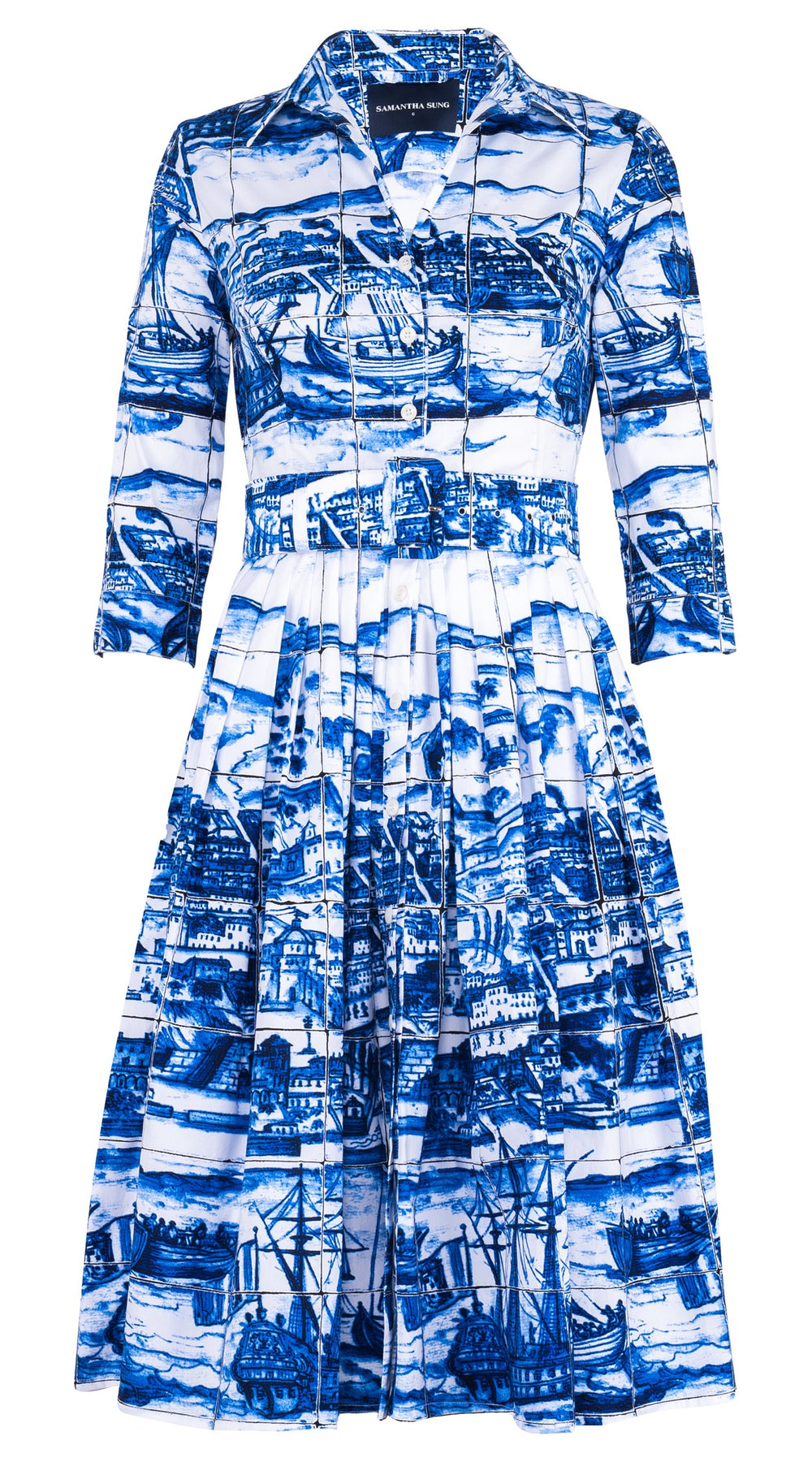 Audrey Dress #2 Shirt Collar 3/4 Sleeve Long Length Cotton Stretch (Azulejo All Over)