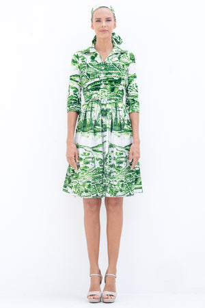 Audrey Dress #1 Shirt Collar 3/4 Sleeve Cotton Stretch (Azulejo All Over)