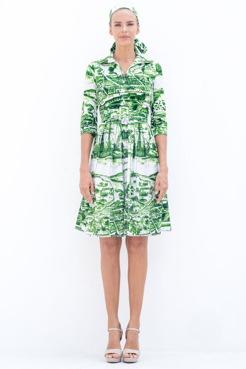 Audrey Dress #1 Shirt Collar 3/4 Sleeve Cotton Stretch (Azulejo All Over)