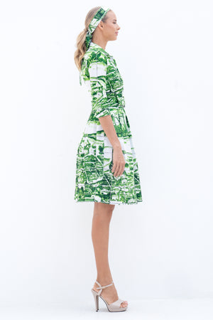 Audrey Dress #1 Shirt Collar 3/4 Sleeve Cotton Stretch (Azulejo All Over)