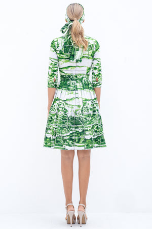 Audrey Dress #1 Shirt Collar 3/4 Sleeve Cotton Stretch (Azulejo All Over)
