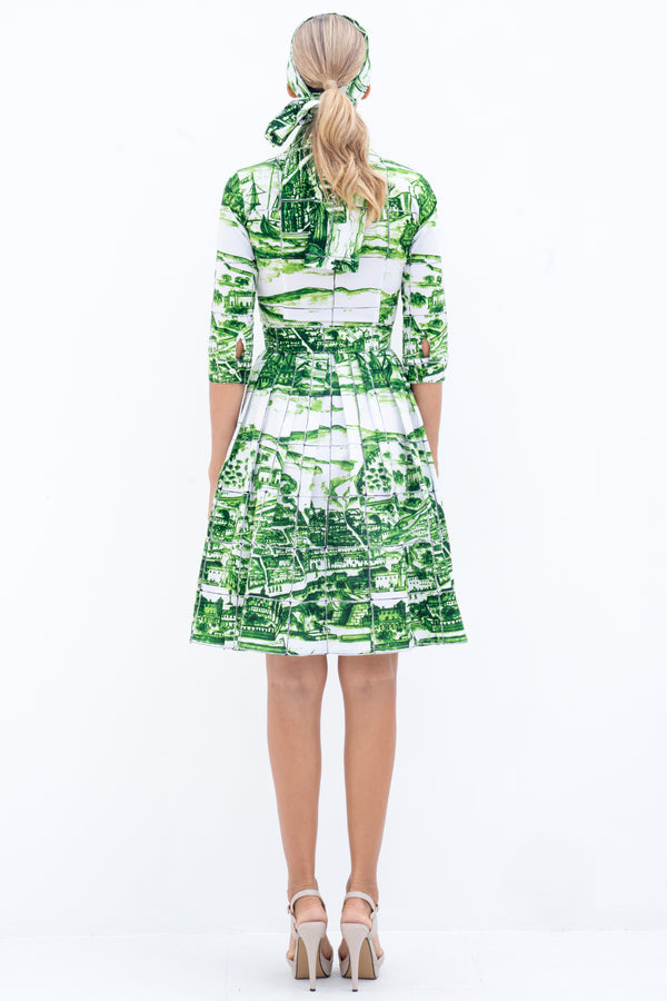 Audrey Dress #1 Shirt Collar 3/4 Sleeve Cotton Stretch (Azulejo All Over)