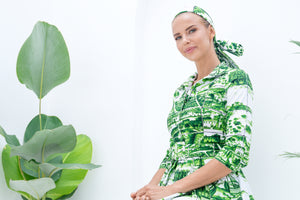 Audrey Dress #1 Shirt Collar 3/4 Sleeve Cotton Stretch (Azulejo All Over)
