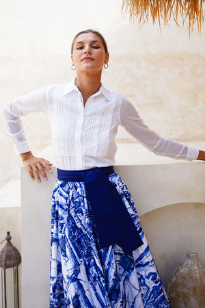 Abelia Skirt Midi Length Cotton Stretch (Azulejo All Over)