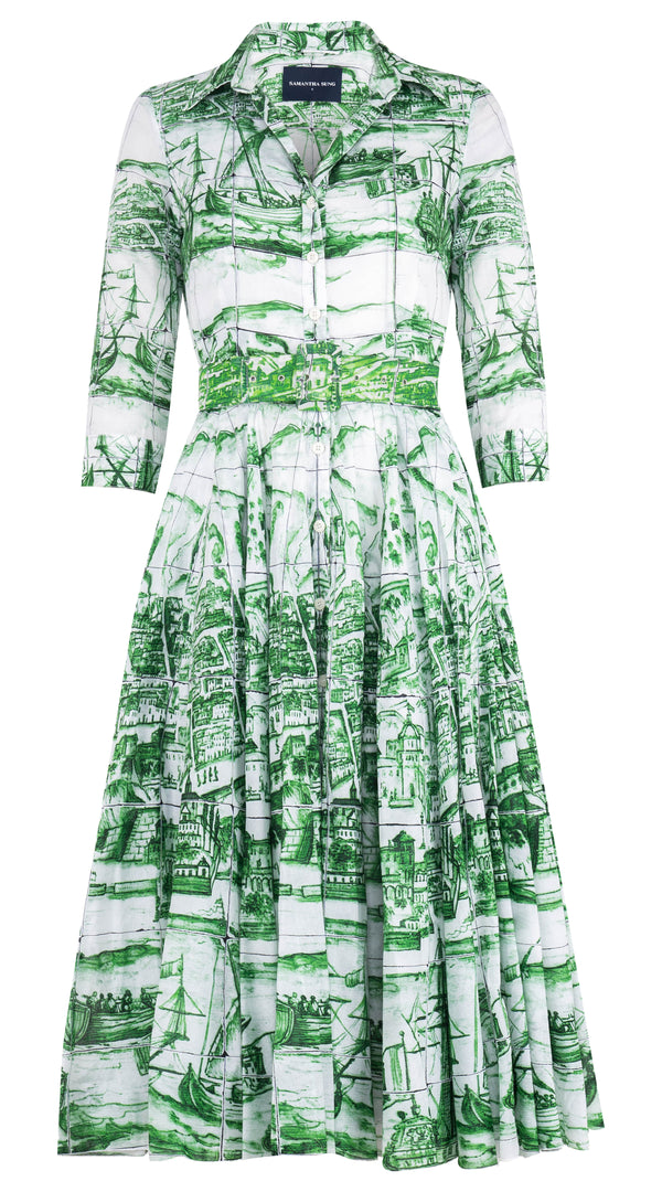 Aster Dress Shirt Collar 3/4 Sleeve Midi Length Cotton Musola (Azulejo)