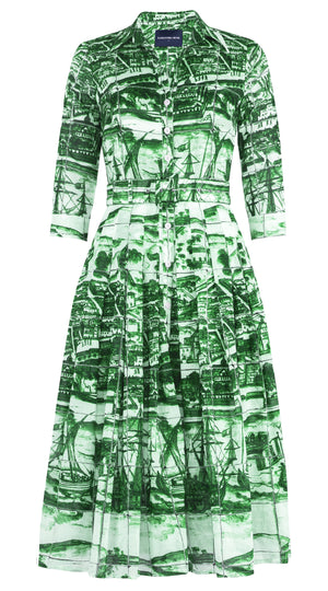 Audrey Dress #4 Shirt Collar 3/4 Sleeve Midi Length Musola (Azulejo)
