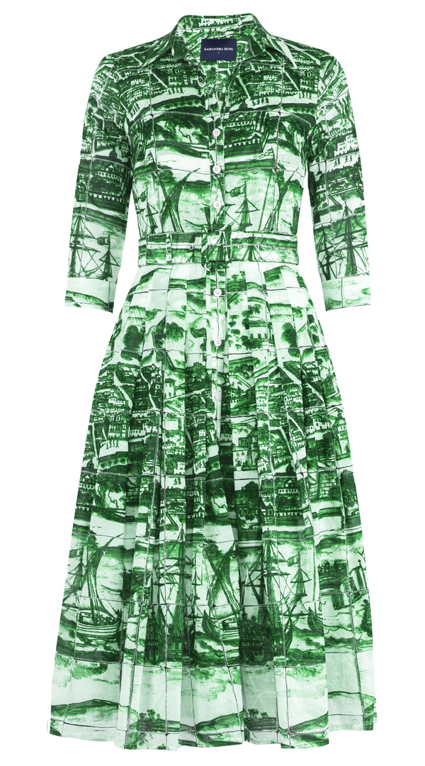 Audrey Dress #4 Shirt Collar 3/4 Sleeve Midi Length Musola (Azulejo)