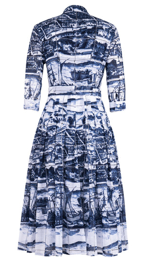 Audrey Dress #4 Shirt Collar 3/4 Sleeve Midi Length Musola (Azulejo)