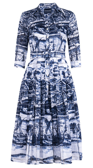Audrey Dress #4 Shirt Collar 3/4 Sleeve Midi Length Musola (Azulejo)
