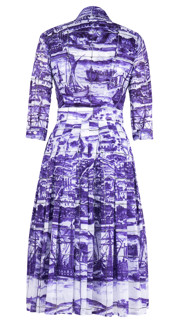 Audrey Dress #4 Shirt Collar 3/4 Sleeve Midi Length Musola (Azulejo)