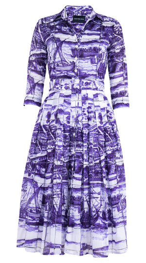 Audrey Dress #4 Shirt Collar 3/4 Sleeve Midi Length Musola (Azulejo)