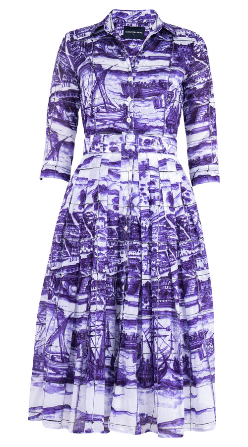 Audrey Dress #4 Shirt Collar 3/4 Sleeve Midi Length Musola (Azulejo)
