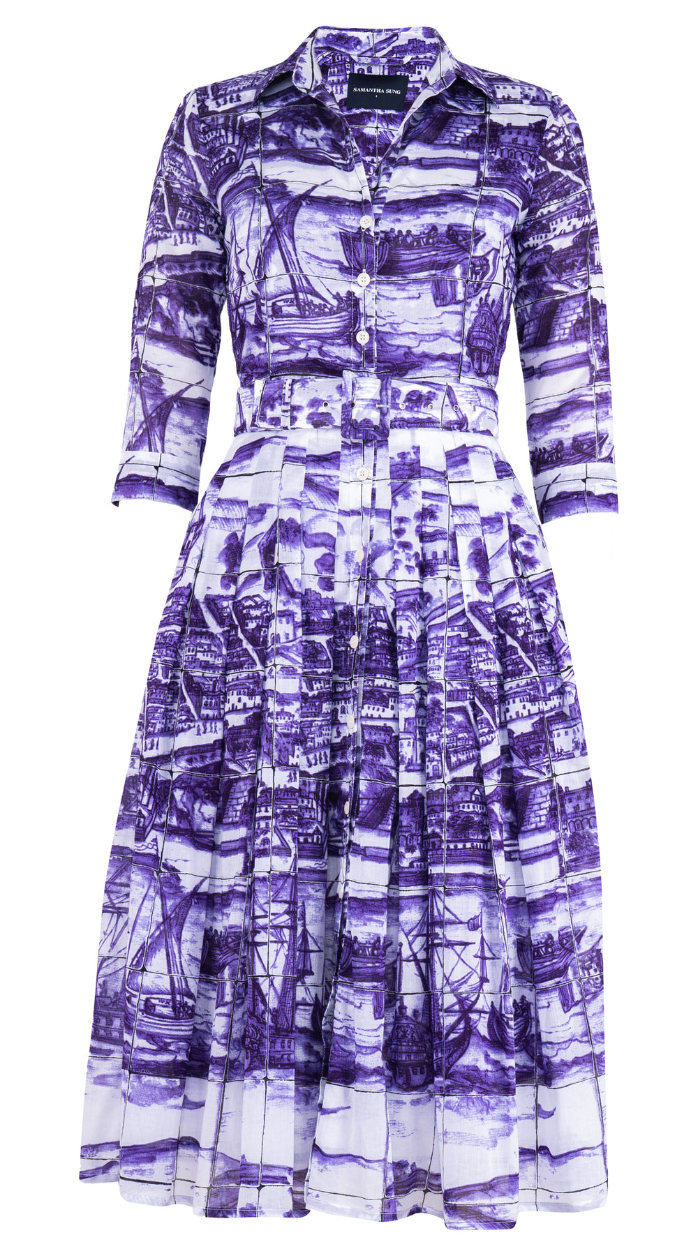 Audrey Dress #4 Shirt Collar 3/4 Sleeve Midi Length Musola (Azulejo) @XS-XXL