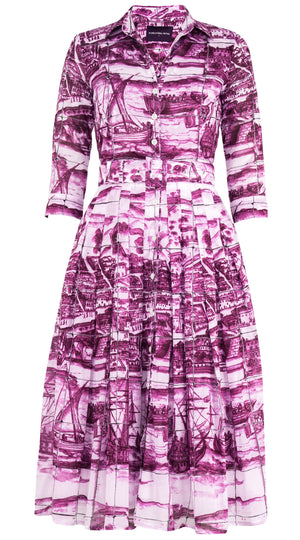 Audrey Dress #4 Shirt Collar 3/4 Sleeve Midi Length Musola (Azulejo)