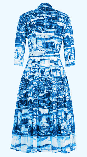 Audrey Dress #4 Shirt Collar 3/4 Sleeve Midi Length Musola (Azulejo)
