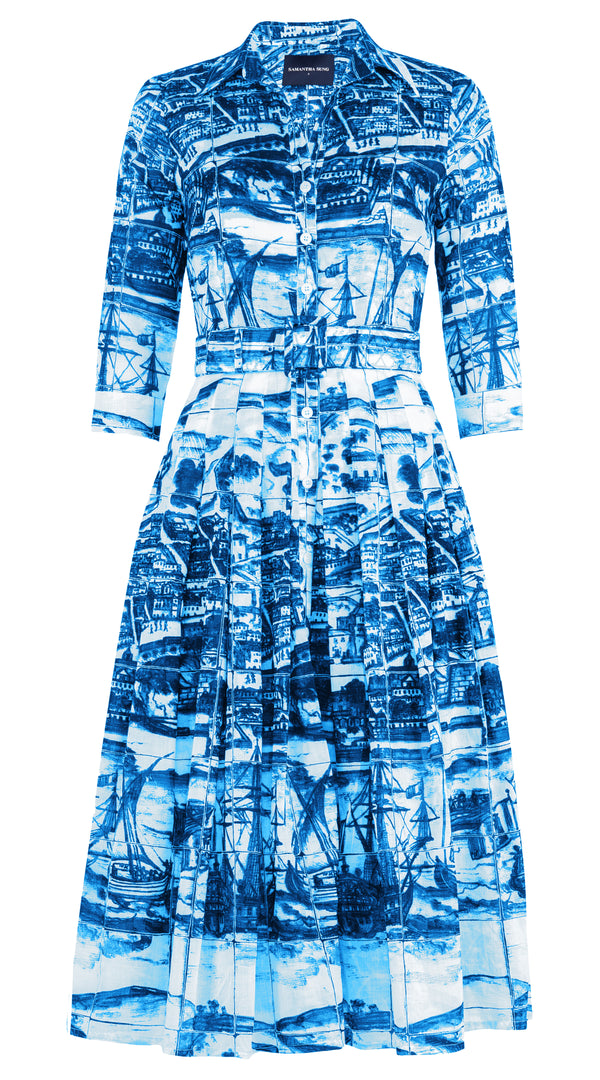 Audrey Dress #4 Shirt Collar 3/4 Sleeve Midi Length Musola (Azulejo)