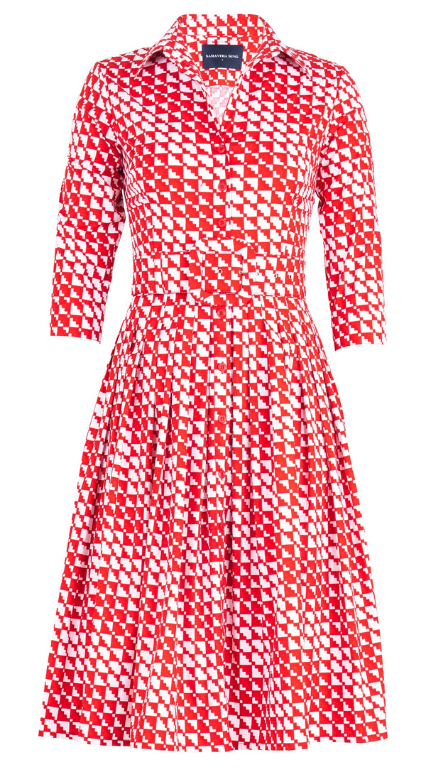 Audrey Dress #2 Shirt Collar 3/4 Sleeve Long Length Cotton Stretch (Bamboo Weave)