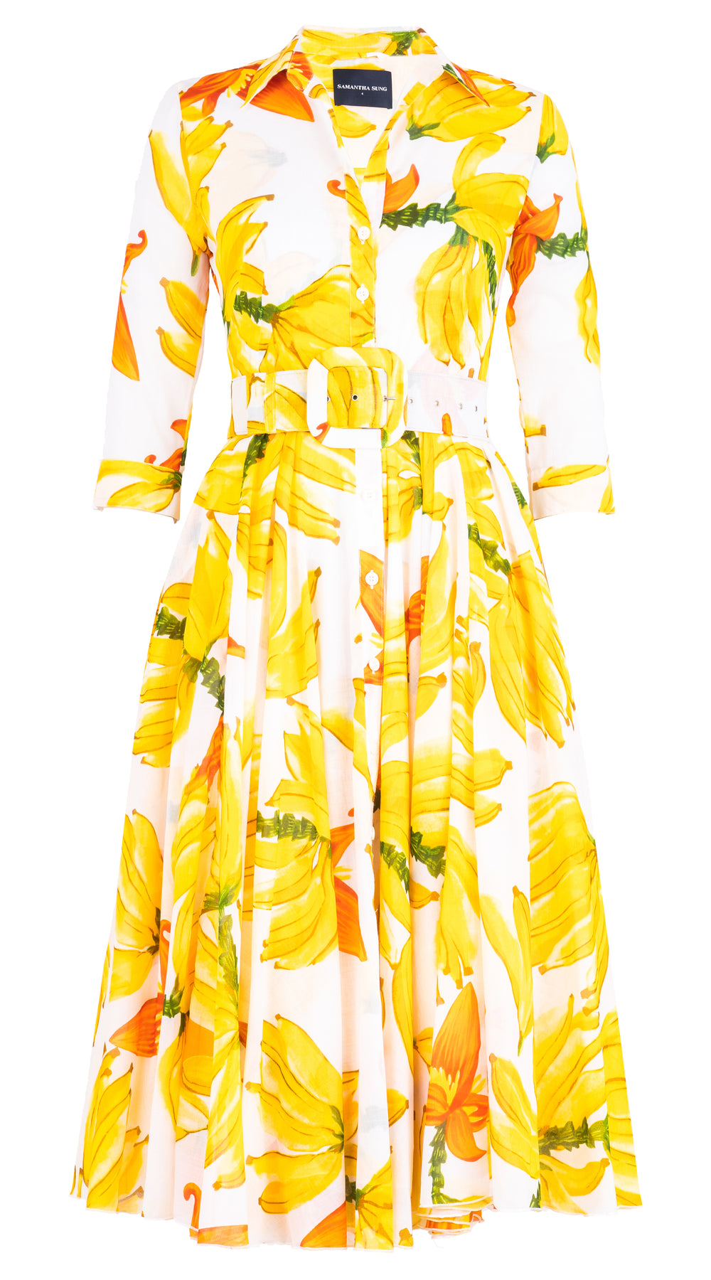 Aster Dress Shirt Collar 3/4 Sleeve Midi Length Cotton Musola (Banana Art)