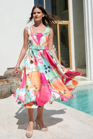 Abelia Dress U Neck Sleeveless Midi Length Silk Taffta (Bastera Painting)