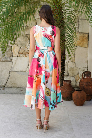 Abelia Dress U Neck Sleeveless Midi Length Silk Taffta (Bastera Painting)