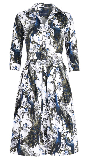 Audrey Dress #1 Shirt Collar 3/4 Sleeve Long Length Cotton Stretch (Belvedere Peacock)