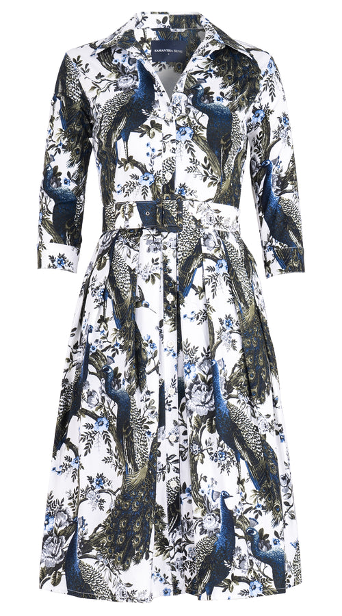 Audrey Dress #1 Shirt Collar 3/4 Sleeve Long Length Cotton Stretch (Belvedere Peacock)