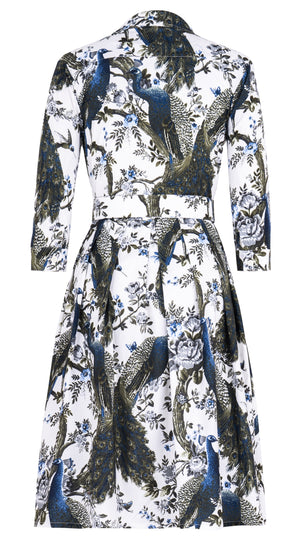 Audrey Dress #1 Shirt Collar 3/4 Sleeve Long Length Cotton Stretch (Belvedere Peacock)