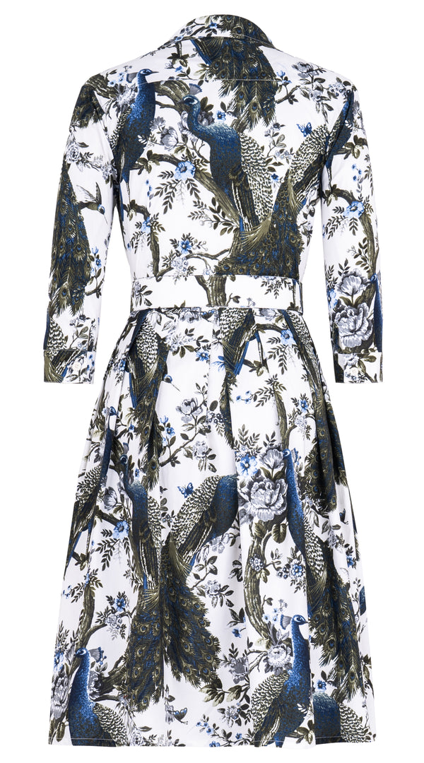Audrey Dress #1 Shirt Collar 3/4 Sleeve Long Length Cotton Stretch (Belvedere Peacock)