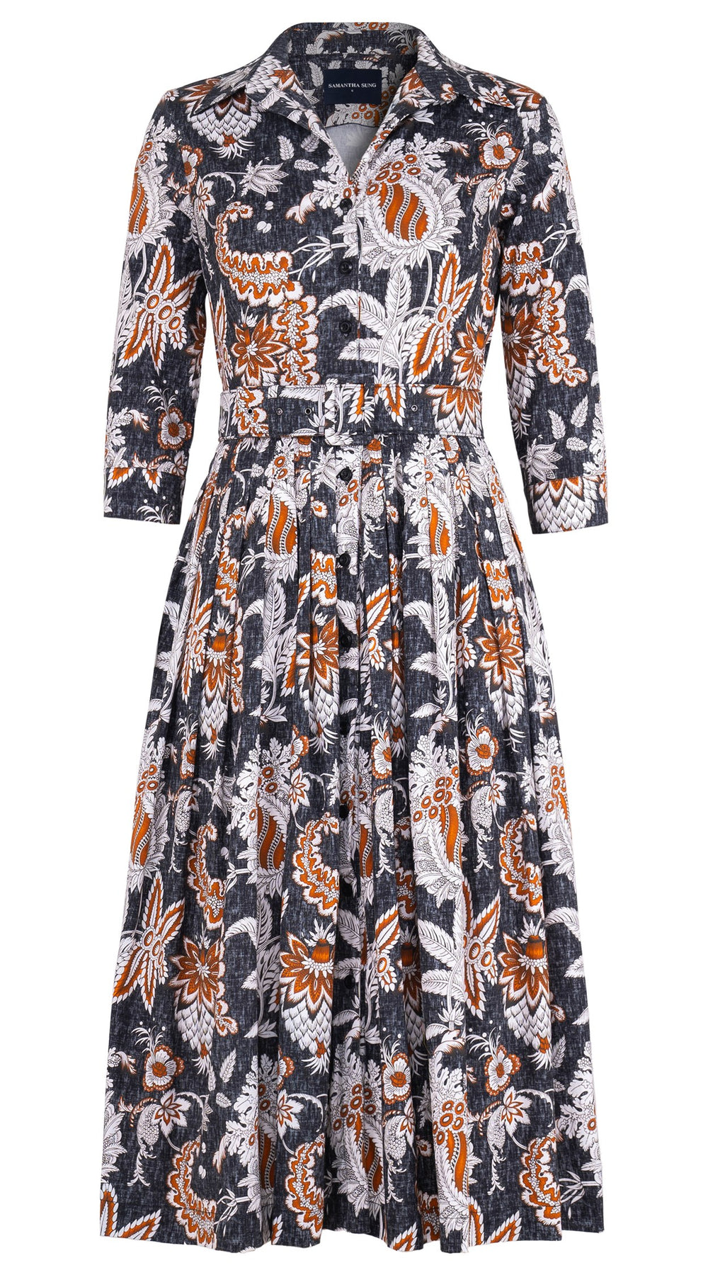 Audrey Dress #2 Shirt Collar 3/4 Sleeve Midi Length Cotton Stretch (Botanic Antique Charcoal)
