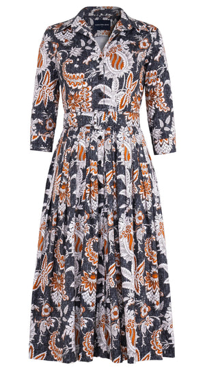 Audrey Dress #2 Shirt Collar 3/4 Sleeve Midi Length Cotton Stretch (Botanic Antique Charcoal)