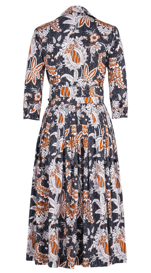 Audrey Dress #2 Shirt Collar 3/4 Sleeve Midi Length Cotton Stretch (Botanic Antique Charcoal)