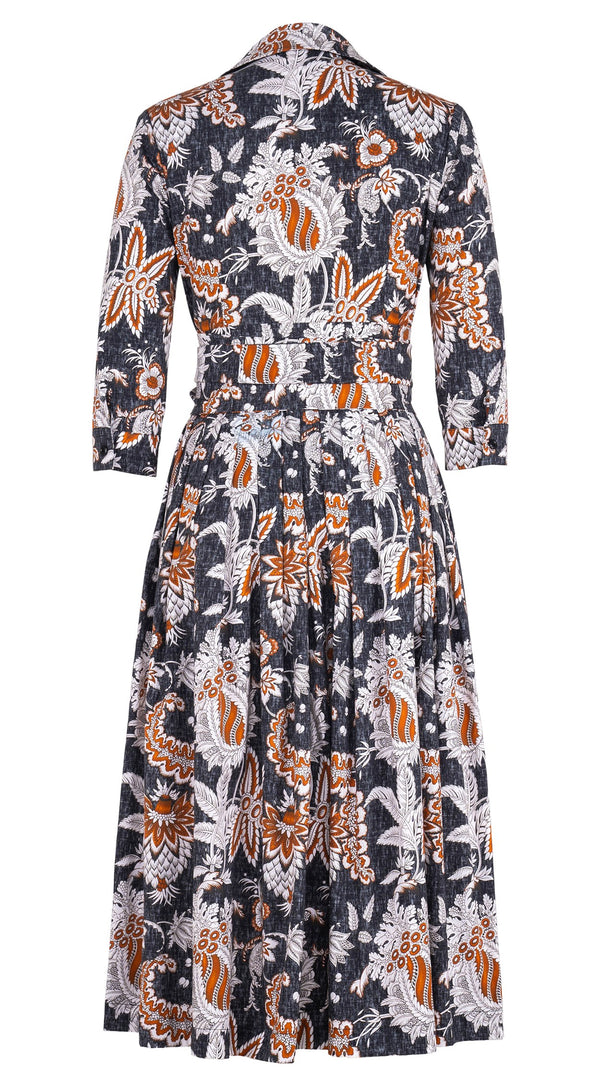 Audrey Dress #2 Shirt Collar 3/4 Sleeve Midi Length Cotton Stretch (Botanic Antique Charcoal)